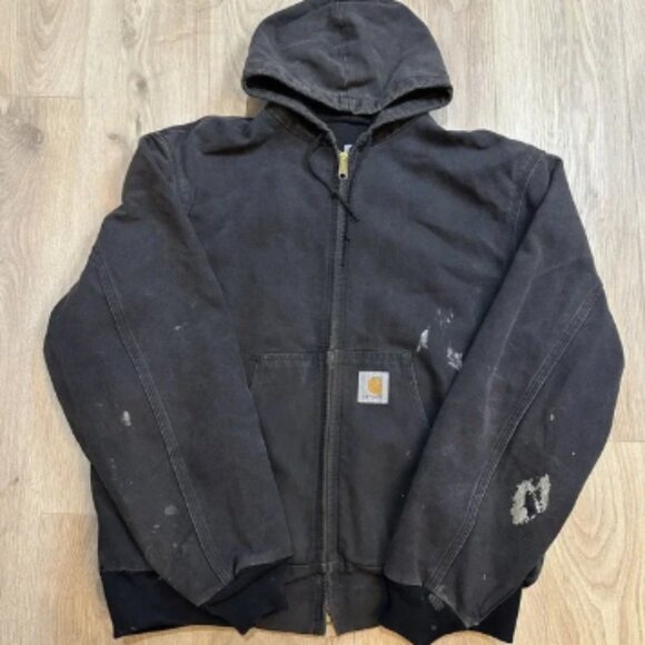 Vintage Carhartt J03 BLK Canvas Coat Distressed Union Thermal Lined USA Made 90s - Picture 1 of 10